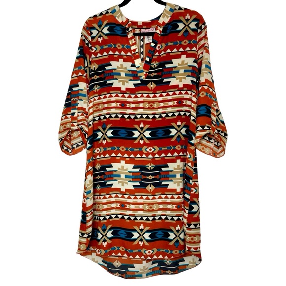 R. Rouge USA Southwestern Hi-Low Dress Large | Boho Aztec Print Tunic Dress - Picture 2 of 6